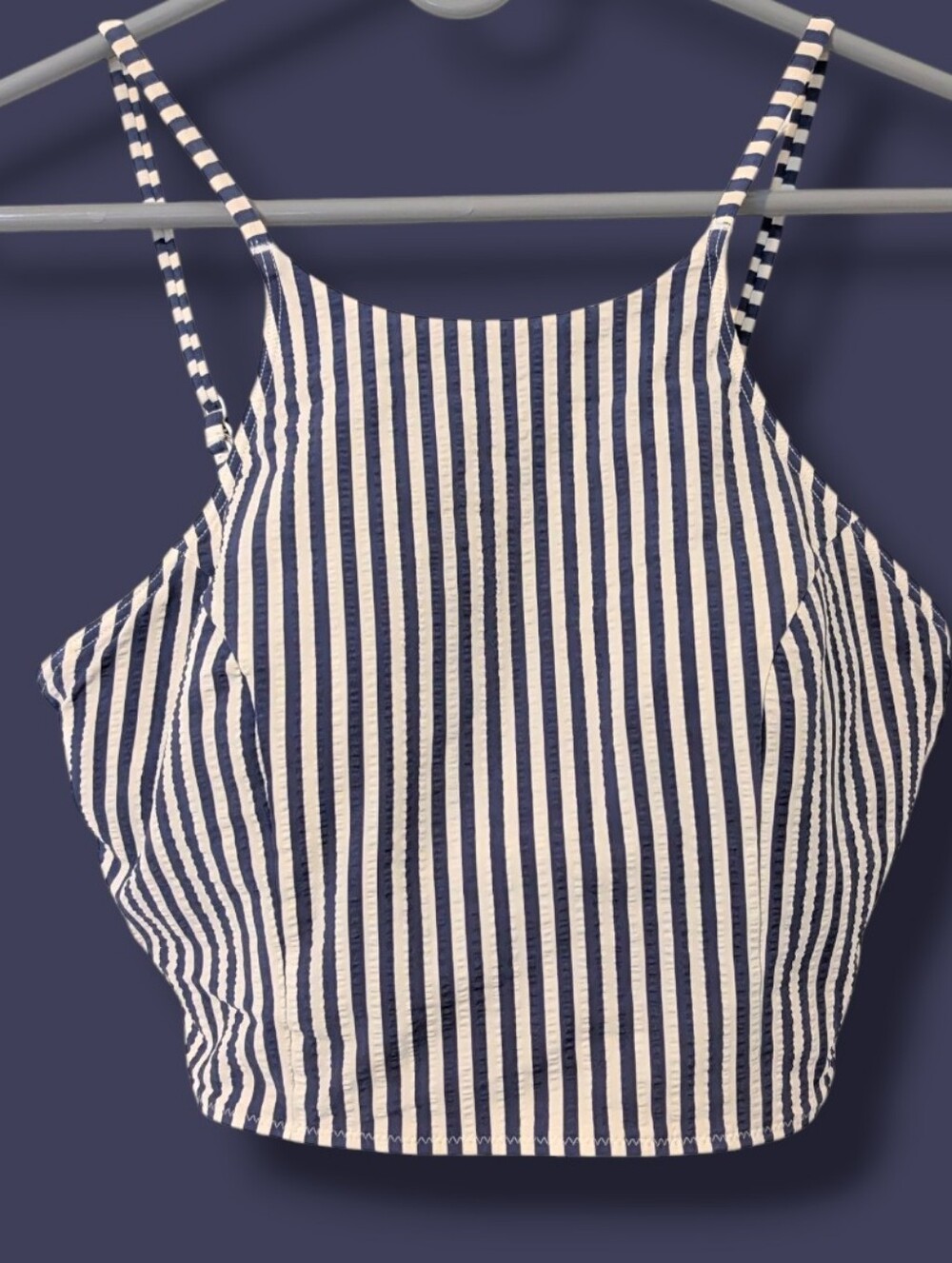 Lululemon Blue Stripe Seersucker High-Neck Long-Line Swim Top LG